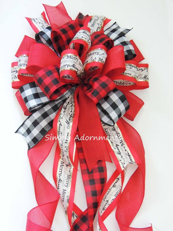 Huge Red Black Farmhouse Christmas Bow, Farmhouse Tree Topper Bow, Red Black Farmhouse Christmas Wreath bow, farmhouse Christmas Tree bow