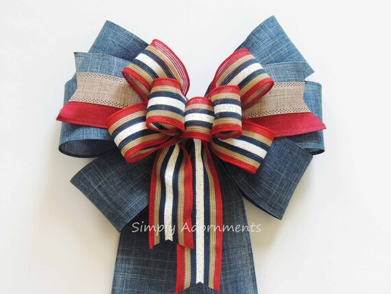 Primitive Rustic Patriotic Stripes Bow Patriotic Wreath bow July 4th Wreath Bow Patriotic Denim Wedding Pew Bow 4th of July Denim wreath Bow
