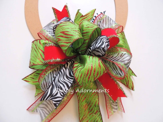 Safari Christmas Bow, Red Green Zebra Christmas bow, Christmas Animal print bow, Lantern Bow, Animal print Tree topper, Wreath bow, Gift Bow