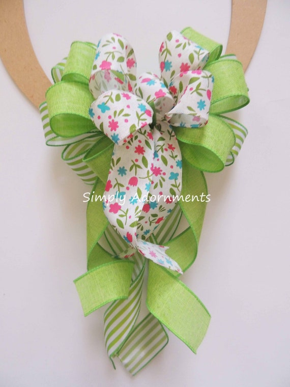 Spring Flowers Wreath Bows, Green Stripes Wreath Bow, Lime Green Wedding Pew Bow, Spring Green Lantern Bow, handmade Spring Flowers Sign bow