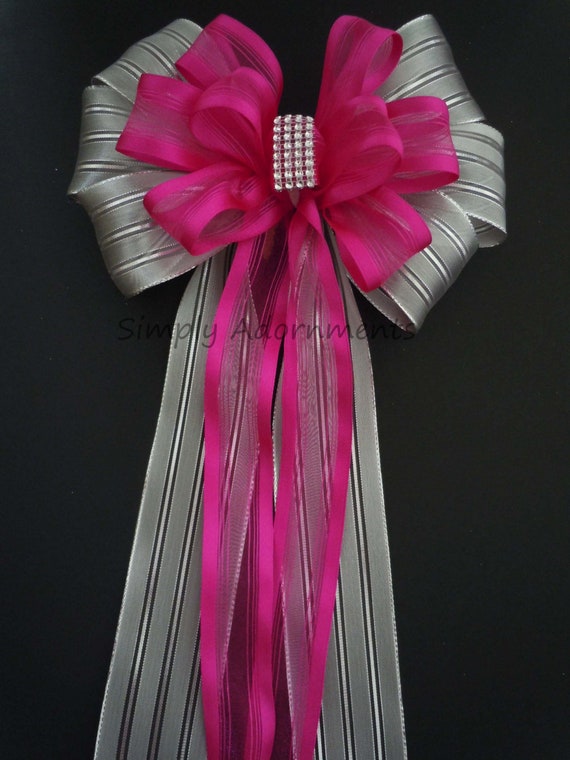 Hot Pink Silver Wedding Pew Bows, Pink Silver Bling Wedding Church Pew Bow, Hot Pink and Silver Wedding, Ceremony Bow, Church Aisle Bows Il_570xn