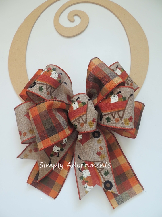 Pumpkin Fall Bow, Fall farmhouse Bow, Pumpkin Plaid Farmhouse Wreath bow, Fall Plaid Pumpkin Bow,  Farmhouse sign Bow, Fall Pumpkin Door Bow