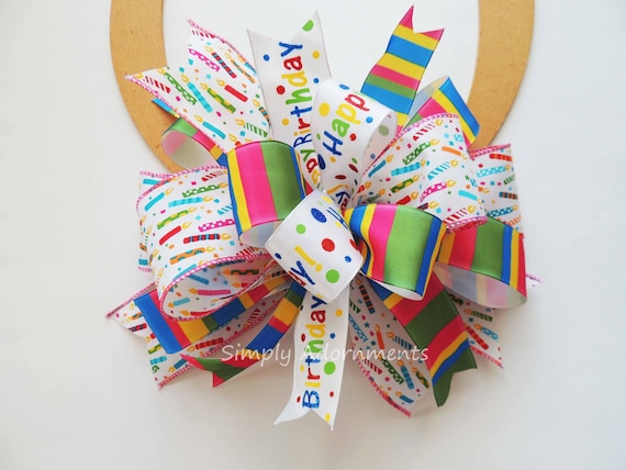Multicolored Happy Birthday Gift Bow, Red Blue Yellow Birthday Bow, Birthday Wreath Bow, Happy Birthday basket Bow, Door Hanger Birthday bow