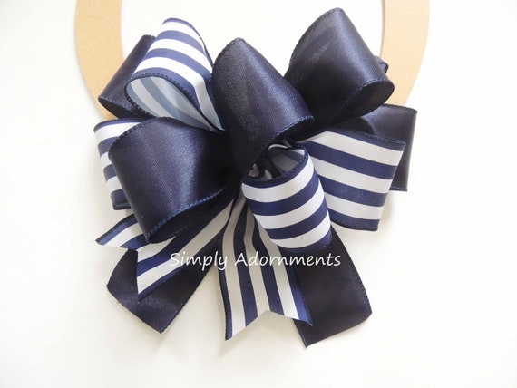 Navy Farmhouse Stripe Bow, Navy farmhouse Christmas Bow, Navy Farmhouse Wreath bow, Farmhouse sign Bow, Navy Farmhouse Door hanger Bow