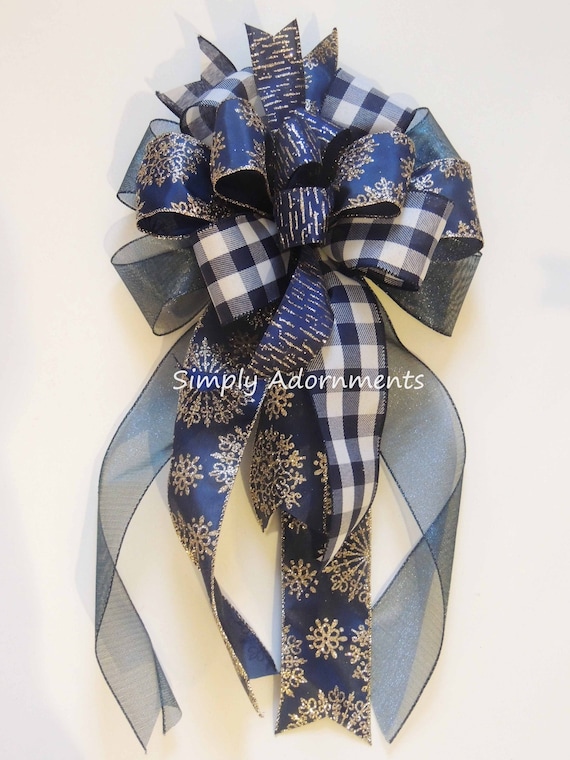 Navy Check Christmas Bow, Whimsical Navy Christmas Snowflakes Bow, Midnight Navy Christmas Wreath Bow,  Holiday Bow, Navy Silver Lantern Bow