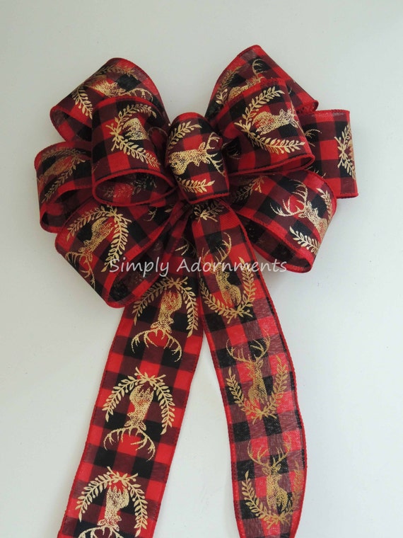 Red Black Buffalo Check Christmas Bow, Rustic deer Head Bow, Holiday Country Plaid Wreath Bow, Red Black Tartan Bow, Country Holidays Bow