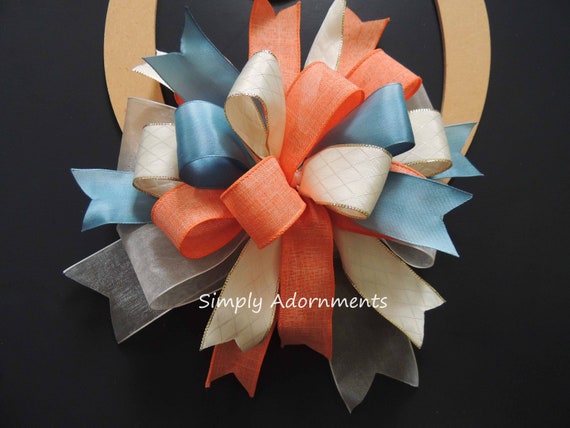 Dusty blue Orange Bow, Blue Orange Farmhouse Bow, Blue orange Ivory Wreath Bow, Farmhouse lantern Bow, Dusty blue Orange Wedding Sign bow