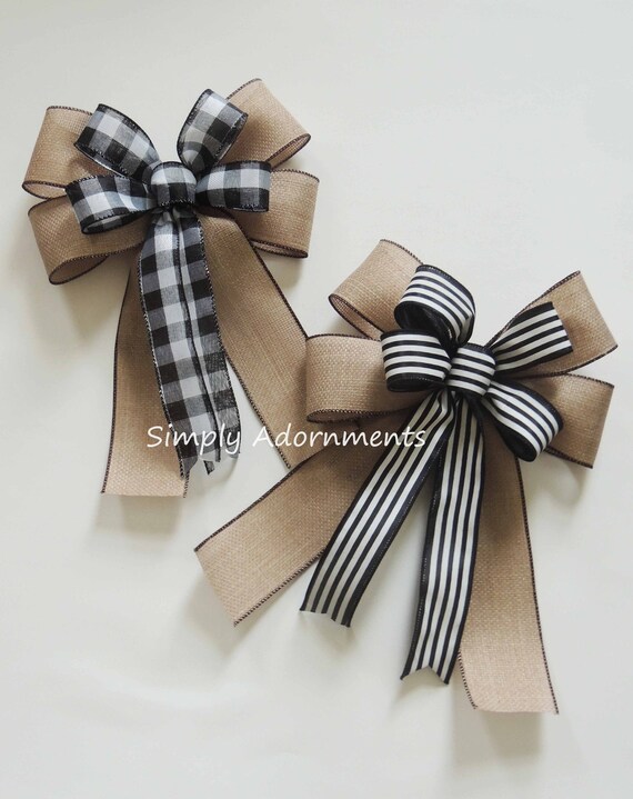 Black white Farmhouse Stripe Bow, Faux Burlap Farmhouse Check Wreath Bow, Farmhouse lantern Bow, Farmhouse door hanger bow Porch sign Bow Il_570xn