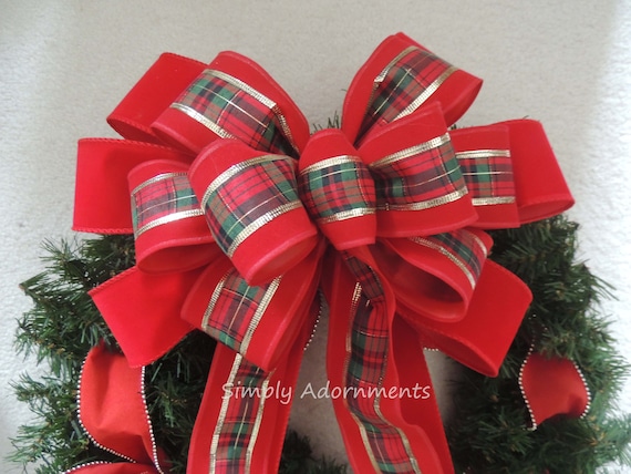 Xlarge Traditional Red Velvet Christmas Bow, XLarge Outdoor Christmas Wreath Bow, Red velvet Holidays Plaid Door Bow, Red Lamp Post Bow