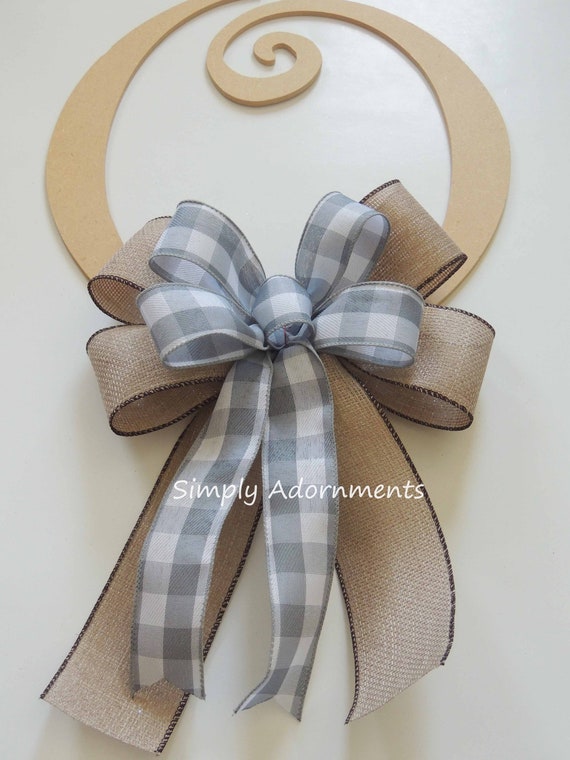 Farmhouse Bow, Faux Burlap Grey Check Farmhouse Bow, Farmhouse Wreath Bows, Grey White buffalo check Door bow, Gift bow, Everyday Bow