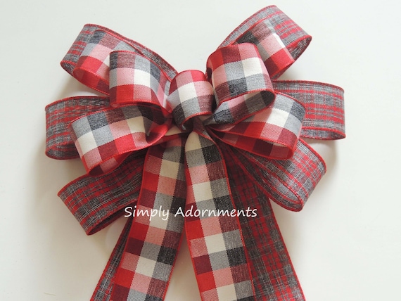 Farmhouse Check Bow, Red grey Plaid Bow, door bow, Black Gray Red Farmhouse wreath Bow, Gray Red Plaid Lantern bow, Red gray check door bow