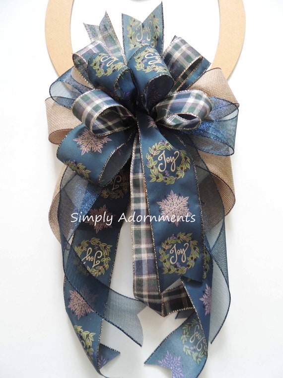 Navy Christmas Bow, Navy green Gold plaid Wreath Bow, Navy  Christmas Tree Topper Bow, Lantern Bow, Blue gold Plaid Check Snowflakes Bow
