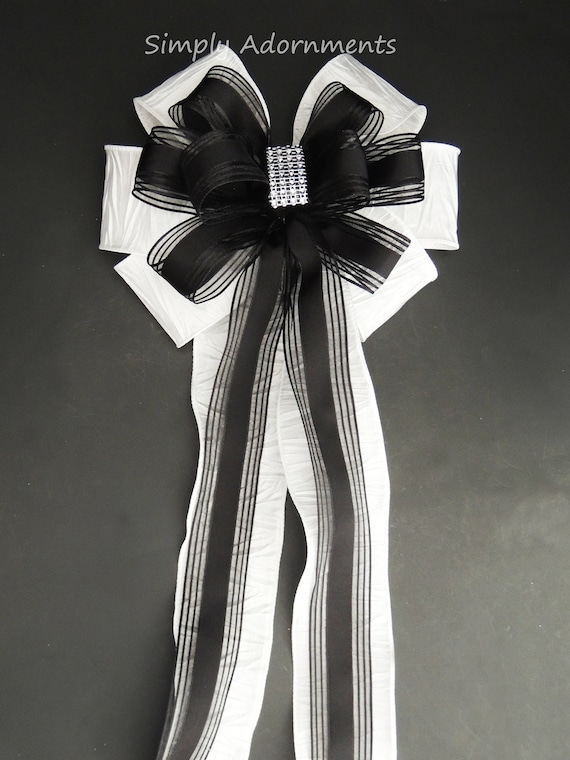 Black White Wedding Bow, White Black Silver bling Bow, Wedding Chair bow, Black white Church pew Bow, Black White Ceremony bow, Sign bow