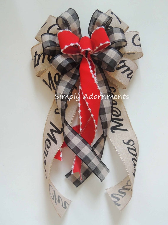 Farmhouse Christmas Bow, Black Buffalo Plaid, Merry Christmas Script Ribbon