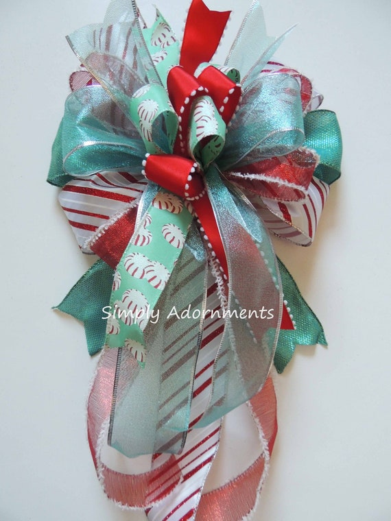 Candy Cane Christmas Bow, Candy Cane Tree Topper, Red Mint Christmas Wreath Bow, Christmas Tree Topper Bow, Red Mint Christmas Lantern Bow