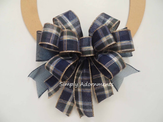 Navy Plaid Check Bow, Navy Plaid Sign Door Bow, Midnight Navy Wreath Bows, Navy Green Gold Plaid door hanger bow Navy Holiday Plaid Gift Bow Il_570xn
