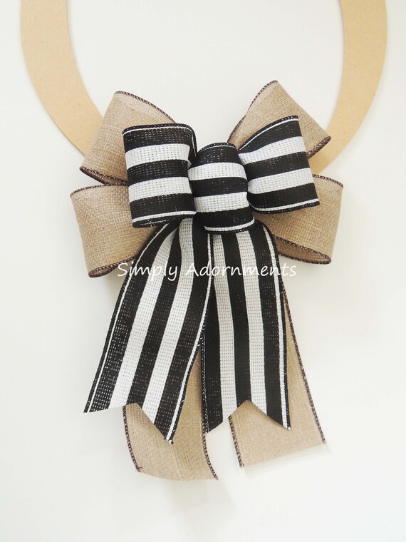 Black white striped burlap bow, Farmhouse Black Whites Stripes Bow, Sparkle Burlap Black White Stripes wreath Bow, Black Stripes Lantern bow Il_570xn