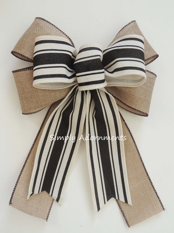 Farmhouse Stripe Bow Sparkle Burlap Farmhouse black Stripes Bow Black Ivory Farmhouse Rae Dunn Wreath Bows Black Cream Stripes Lantern bow Il_570xn