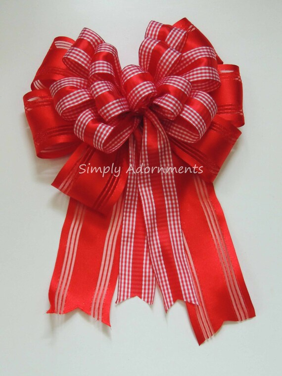 Red check Wreath Bow, Red Valentine Gingham Bow, Red bow for Wreath, Country Gingham Bow, Red check lantern Bow, Door Hanger Bow, Gift Bow