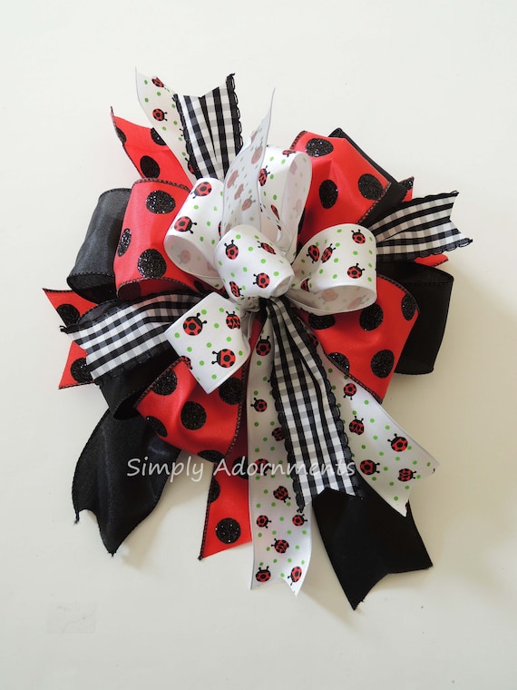Ladybug Wreath bow Lady bug baby shower Decor Black Red Ladybug birthday party decor Ladybug Lantern Swag Bow Handmade Ladybug Gift wrap Bow
