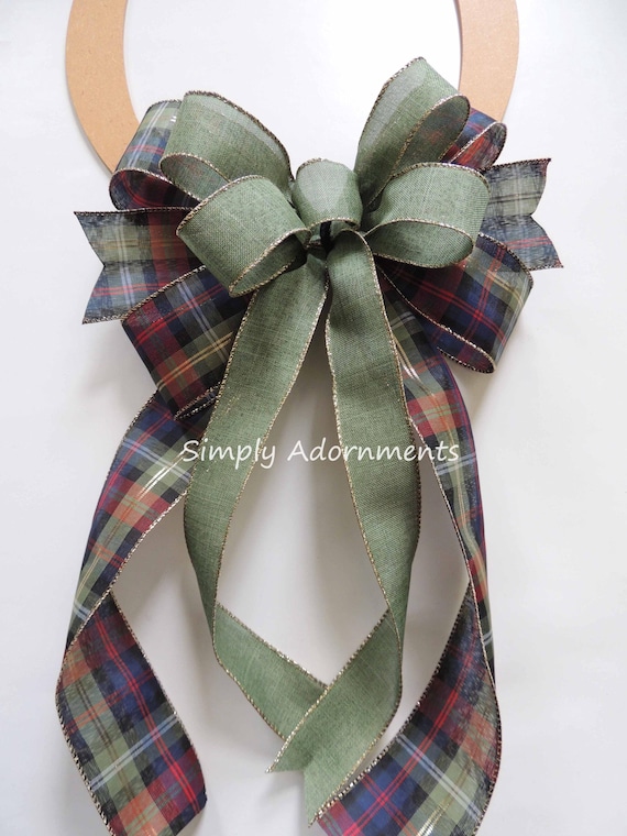 Navy Emerald Gold Plaid Bow, Navy Christmas Plaid  Bow, Navy Wreath Bow, Navy Green Gold Plaid Tree bow, Navy Holiday Plaid Gift Bow