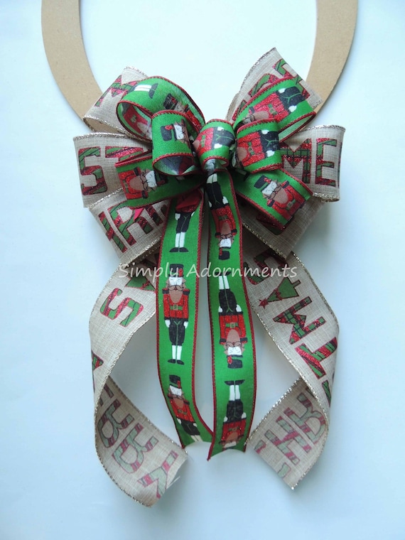 Nutcracker Christmas Bow, Red Green Themed Winter Decor, Merry Christmas Tree topper, Wreath Accent