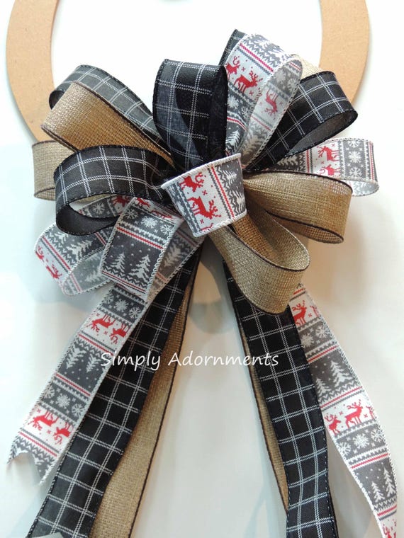 Christmas Farmhouse Bow, Ugly Sweater Bow, Ugly Sweater Wreath bow, Winter burlap bow, Bow for Winter Porch sign, Winter Sign Door Bow