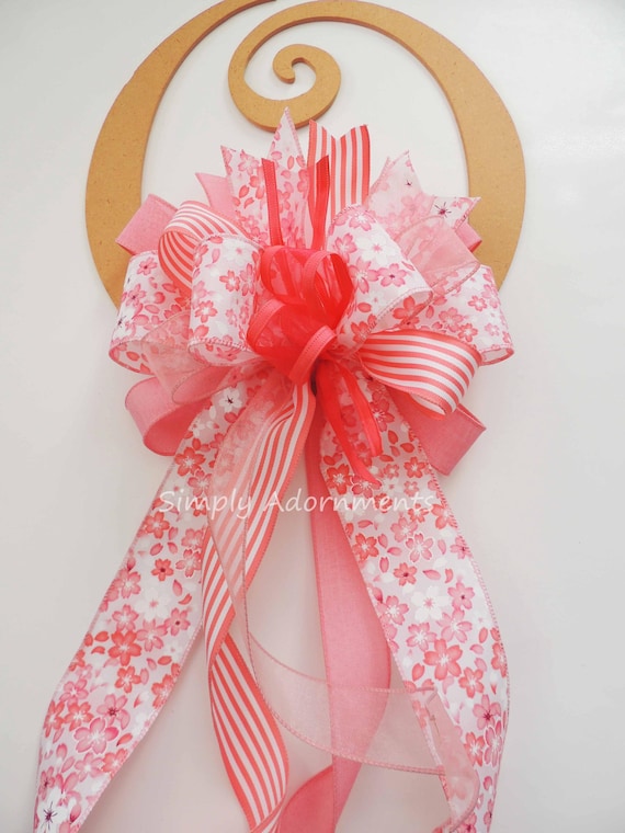 Cherry Blossoms Bow, Pink Coral Floral Wreath Bow: Spring Door, Cherry Party Decoration, Lantern Accent