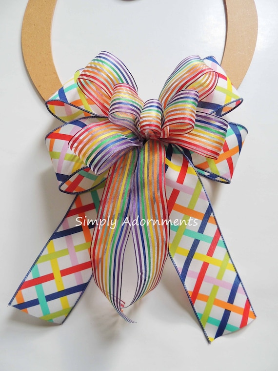 Rainbow Stripes Bow, Rainbow Lantern bow, Rainbow Gift Bow, Rainbow Wreath Bow, Multicolored Bow, Pride Stripe Bow, Pride Stripe Door bow