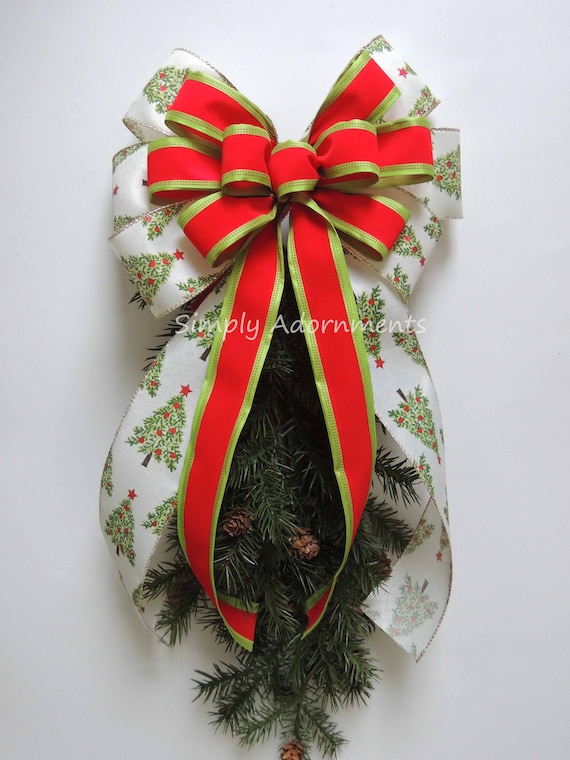 Red Green Christmas Wreath Bow Red Green Christmas Bow Christmas Swag Door Bow Red Ivory Red green Christmas Tree Bow Christmas staircase