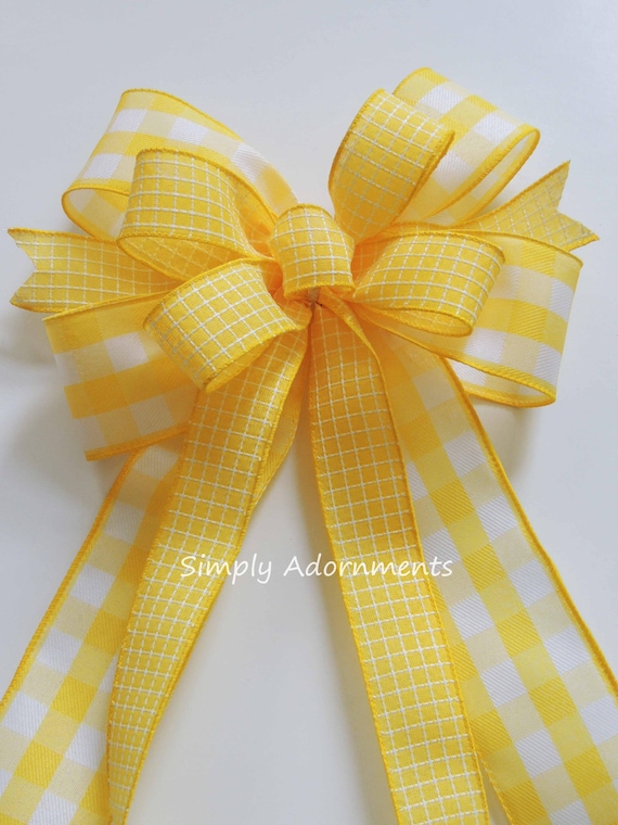 Yellow Check Bow, Yellow Check Door Hanger Bow, Yellow Lantern Bows, Yellow Front Sign Bow, Wreath Embellishment, Patriotic Everyday Bow