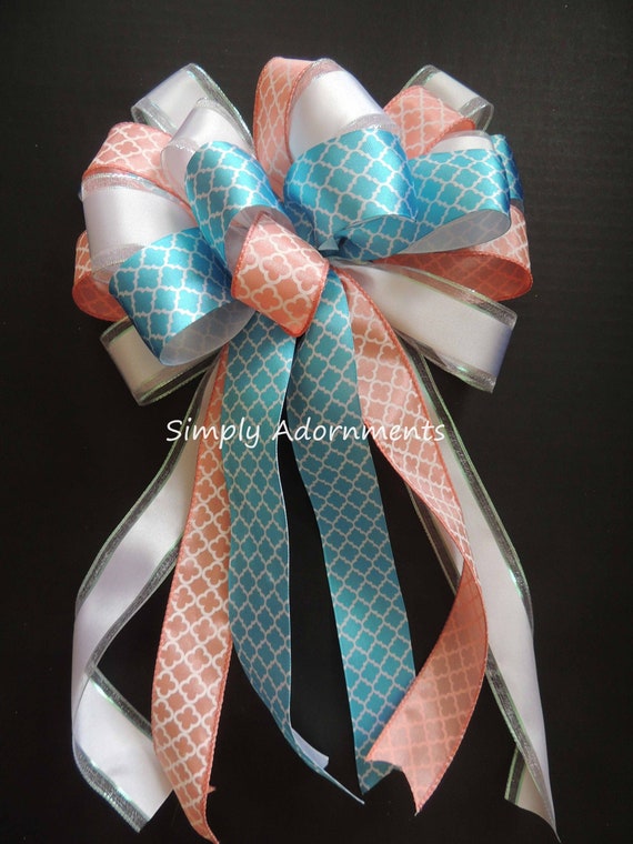 Coral Turquoise bow, Coral Blue Wreath bow, Coastal Shower Bow, Beach wreath bow, Coral turquoise wreath bow, Beach wedding Bow, Baby Shower