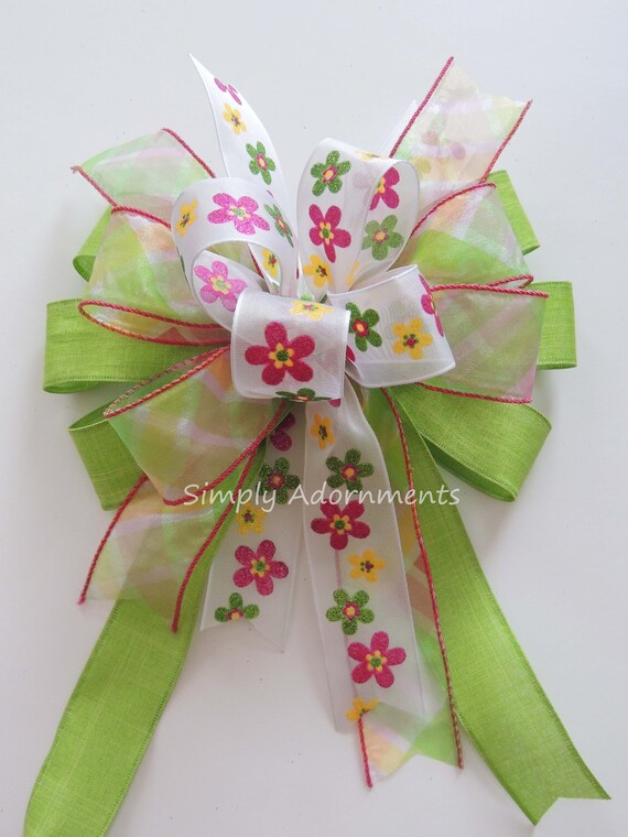 Spring Flowers Bow, Green Pink Spring Wreath Bow, Spring Flowers Lantern swag Bow, flowers Gift Bow, Spring wreath Door bow, Green Pink bow