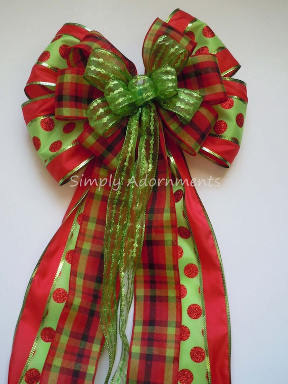 Large Red Green Christmas Bow, Red Green Christmas tree topper bow, Polka Dots Plaid Christmas Tree Bow, Red Lime Plaid Christmas Wreath Bow