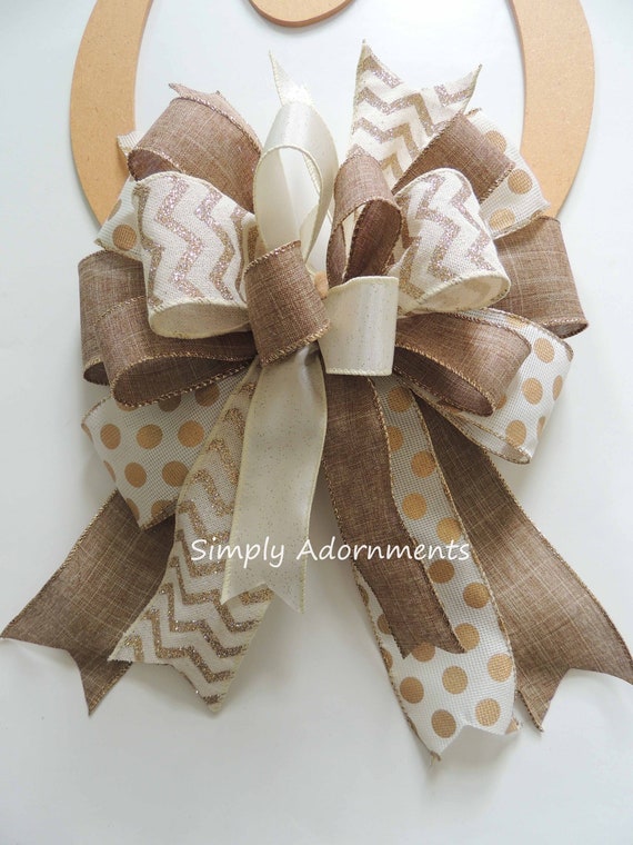 Ivory Tan Gold Christmas Farmhouse Bow, Ivory Gold Tan Wreath Bow, Christmas Wreath Bow, Farmhouse lantern Bow, Ivory gold Tree topper bow