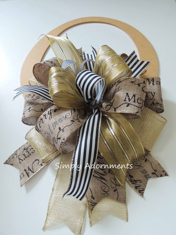 Farmhouse Christmas Scripts Bow, Farmhouse Christmas Scripts Wreath Bows, Farmhouse Christmas Tree Topper Bow, Gold Tan Black Farmhouse Bow