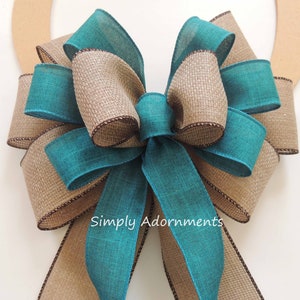 Blue Denim Burlap Ribbon Bow, Farmhouse beige Blue Wreath Bow, Rustic blue Denim Burlap door Bow, Denim blue door Bow, Farmhouse Lantern Bow Teal ribbon