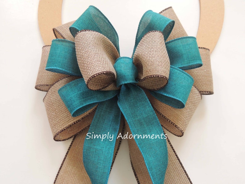 Blue Denim Burlap Ribbon Bow, Farmhouse beige Blue Wreath Bow, Rustic blue Denim Burlap door Bow, Denim blue door Bow, Farmhouse Lantern Bow Teal ribbon