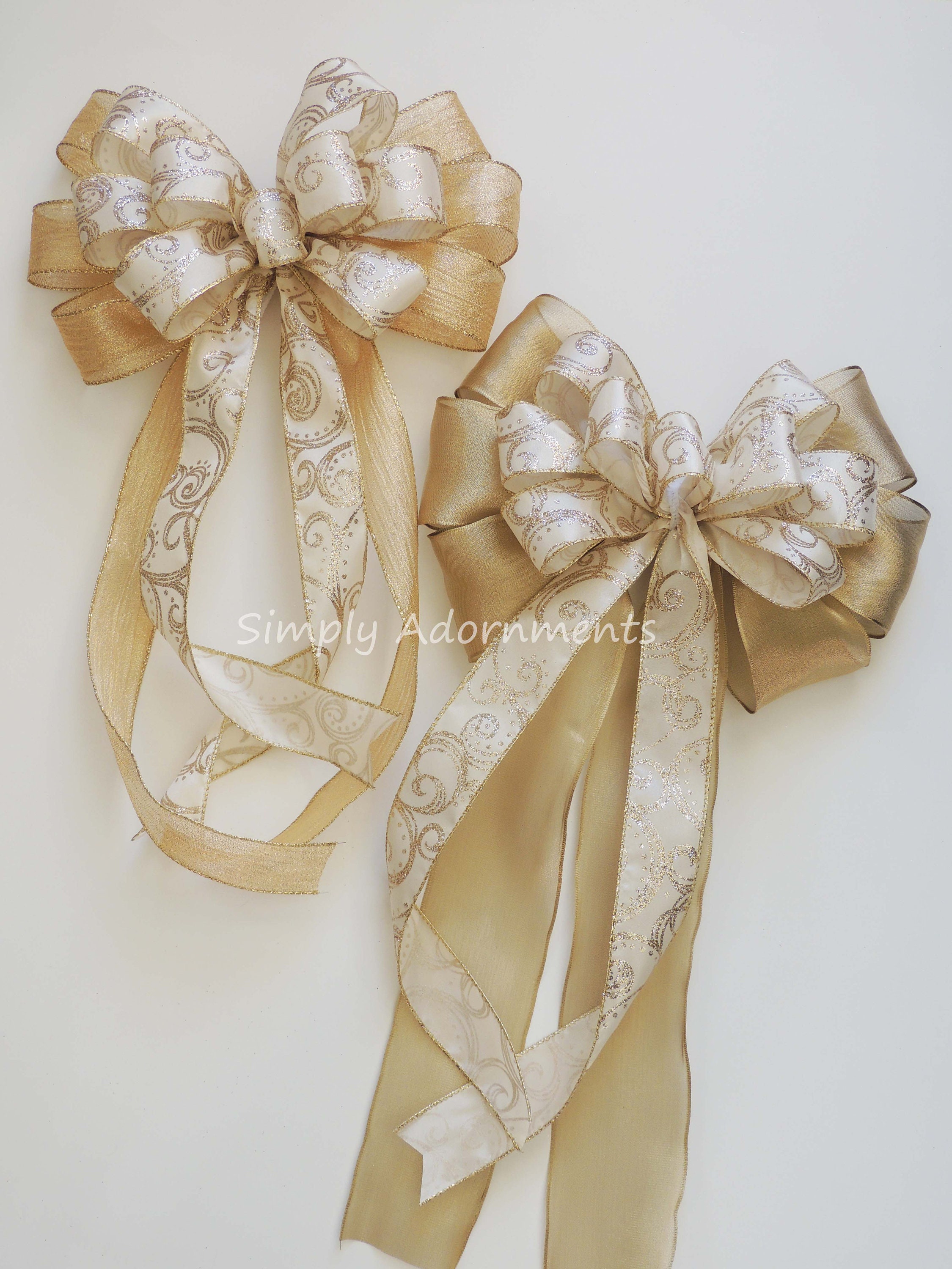 Ivory Gold Swirls Wedding Pew Bow Ivory Gold Christmas Bow Filigree