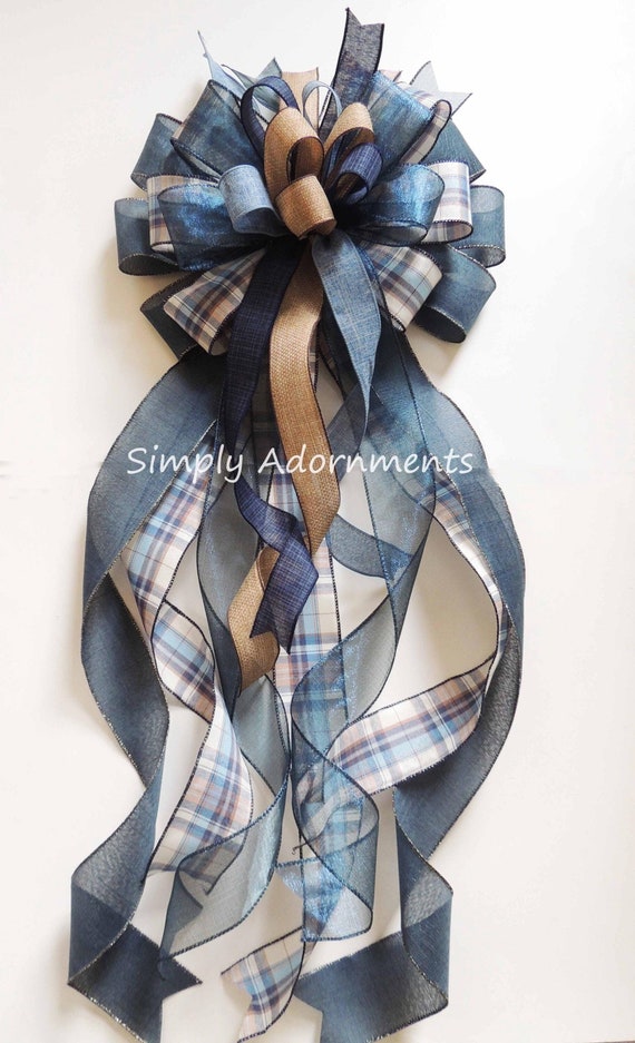 XX-Large Navy Farmhouse Christmas Bow, Navy Christmas Plaid Bow, Navy Tan Christmas Tree Topper Bow, Farmhouse Navy Christmas Plaid Tree Bow