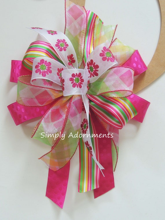 Spring Pink Flowers bow, Spring Flowers Wreath bow, Pink Flowers Bow, Wreath Embellishment, Flowers Lantern Bow, Spring door bow, Sign bow