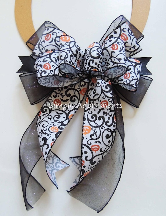 Filigree Halloween Bow, Filigree Halloween Pumpkin Bow, Black Filigree Halloween Door Bow, Filigree Halloween Sign Bow  Halloween Wreath Bow