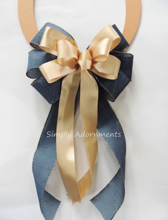 Blue Gold Bow, Gold blue Wedding Pew Bow, Dark Dusty Blue Gold Chair Bow, Bow for Aisle Decoration, Dusty blue gold Ceremony Bow