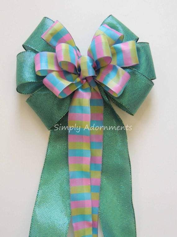 Teal Turquoise bow, Pink Plaid Bow, Spring Plaid Wreath Bow, Teal Green Turquoise Plaid Wedding Bow, Birthday party decor Gift Bow