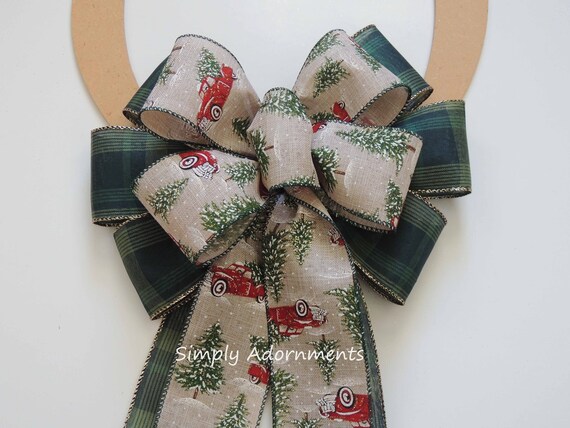 Christmas red Truck Bow, Hunter green Plaid Christmas Red Truck Bow, farmhouse red truck bow, Farmhouse Christmas Wreath Bow, Lantern Bow