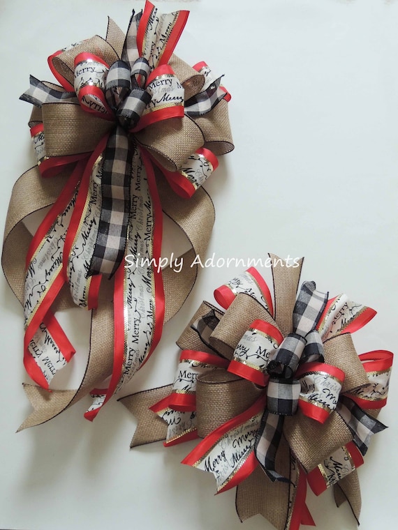 Red Black Christmas Scripts Bow, Farmhouse Christmas Scripts Wreath Bow, Farmhouse Christmas Tree Topper Bow, Red black Tree Bow, Gifts Bow