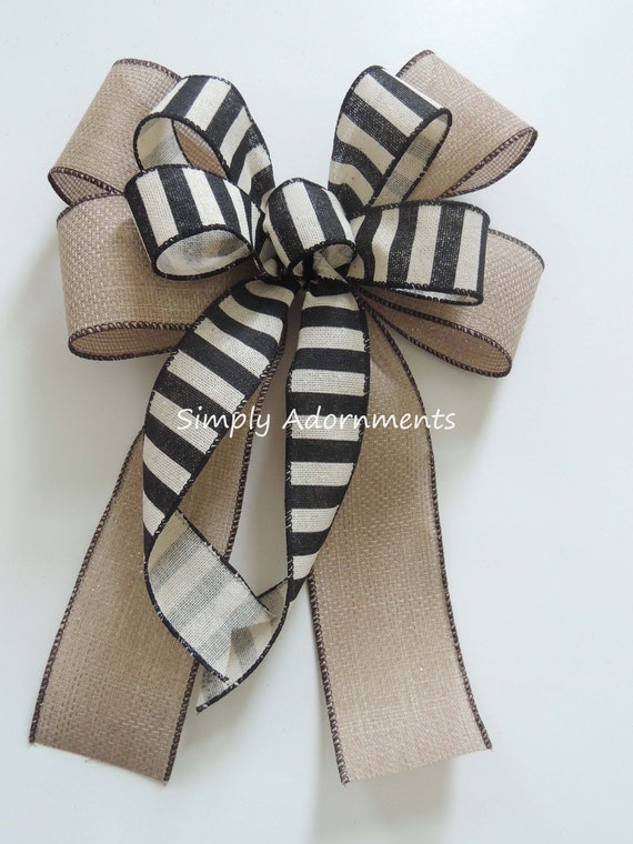 Farmhouse Stripe Bow, Burlap Farmhouse Bow, black Stripes Wreath Bow, Farmhouse lantern Bow, Black Beige Stripes bow, Door sign bow