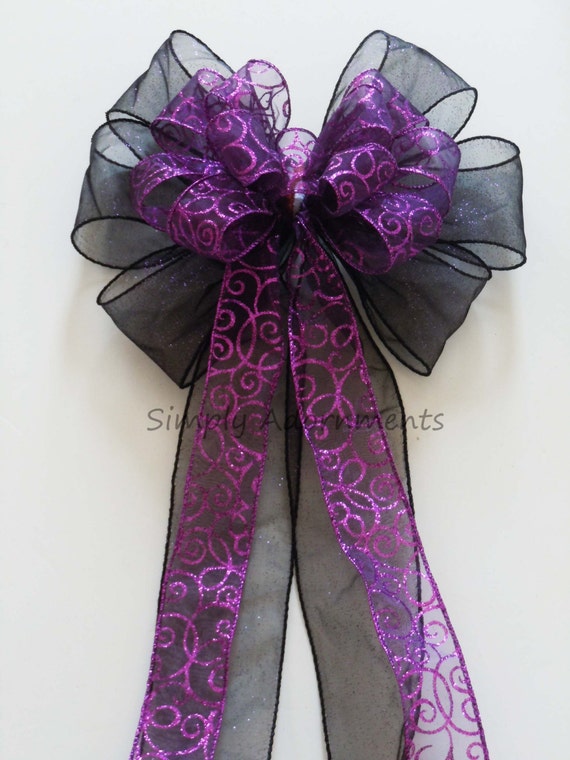 Purple Black Halloween Wedding Pew Bow Purple Swirls Filigree Wedding Bow Purple Birthday Party Bow Purple Wreath Bow Gifts Bow Il_570xn