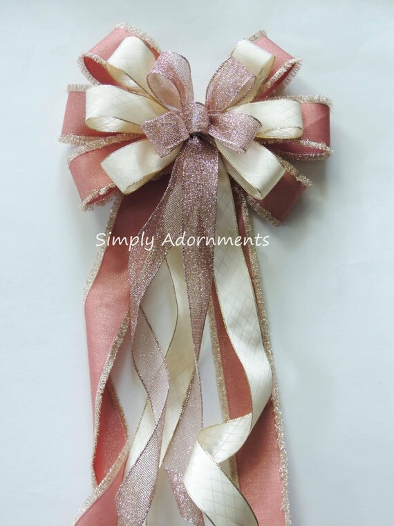 Rose Gold Christmas Bow, Blush Pink Tree Topper Bow, Sparkle Rose Gold Wreath Bow, Wedding Chair Bow, Pew Bow Decor