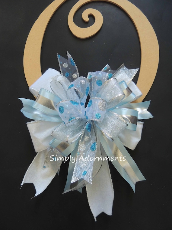 Light blue Silver Christmas Bow, Blue silver Tree Bow, Blue white Christmas bow, Wreath bow, shower Party Decor, boy Baby Shower sign bow